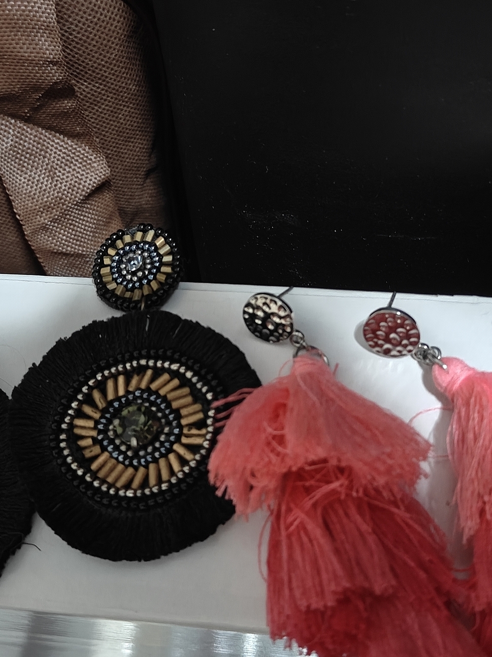 Boho Black & Coral Tassel Statement Earrings